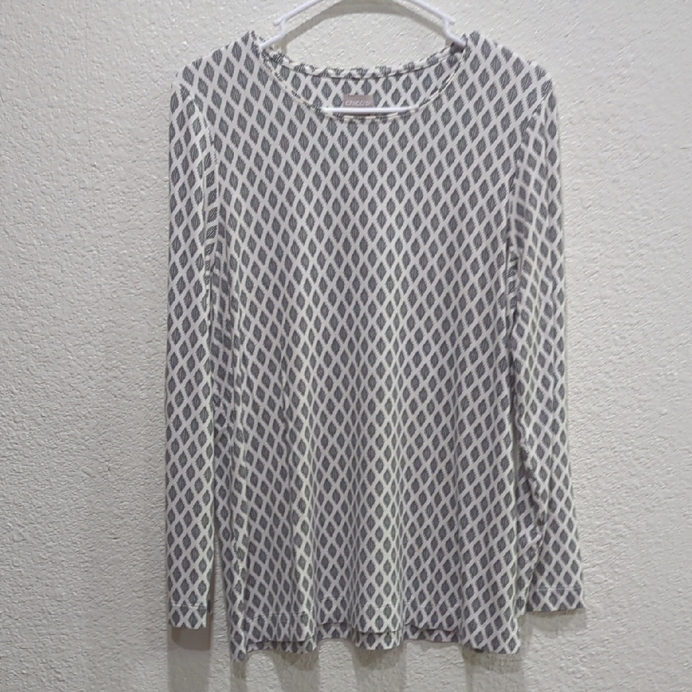 Chico's Black and White Geometric‎ Long Sleeve Top Lightweight Soft Size 2 Large